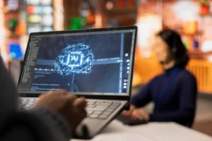 Call center worker using ai tech on laptop to reply to customers closeup